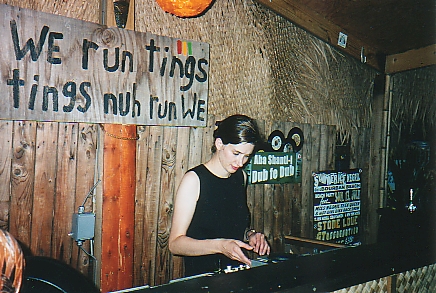 Christine Moritz playing on the roof
 at the Innerloop party at Five, July 31, 2004